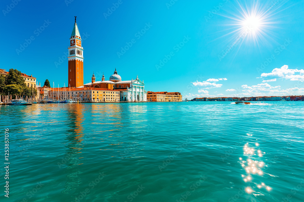 Fototapeta premium Stunning view of Venice with iconic bell tower and vibrant blue water reflecting sun. picturesque architecture and serene atmosphere create captivating scene