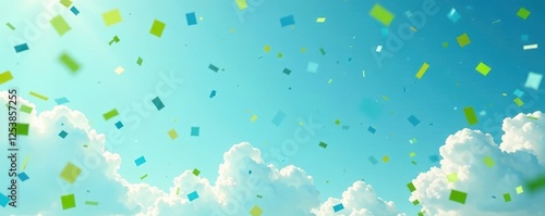 Confetti falling from the sky in shades of green and blue against a clear blue background, serene, clouds, green