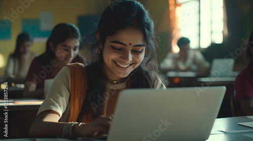An Indian student sitting in the classroom and smiling while using their laptop
