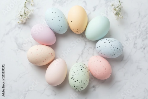 Artistic Easter flat lay with Easter eggs and a circular pattern on white