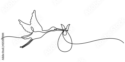 stork holding a baby basket icon continuous one line drawing, Stork Delivering Baby, Stork Brings Cute Newborn Baby Girl or boy, Stork with baby, Stork Carrying a Bundle, Infant delivery, pro vector.