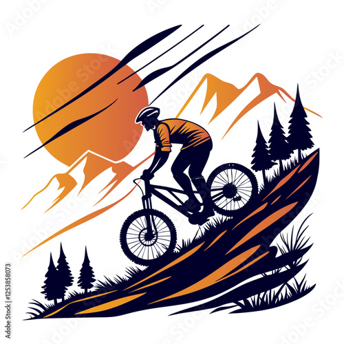 Mountain Biker at Sunset – Retro Style Vector Illustration