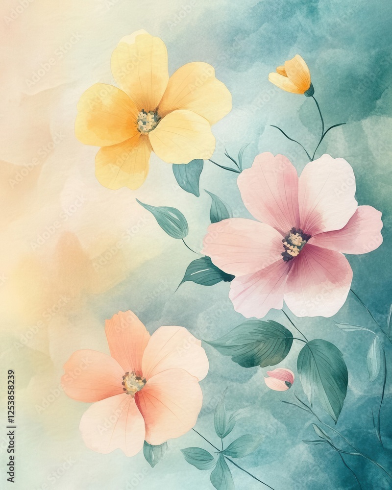 Obraz premium Watercolor Illustration of Vibrant Blooming Flowers in Soft Spring Colors
