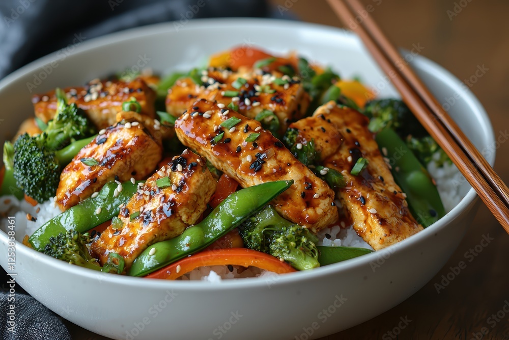 Fototapeta premium Vibrant vegetable stir-fry with tofu home kitchen food photography cozy atmosphere close-up healthy eating