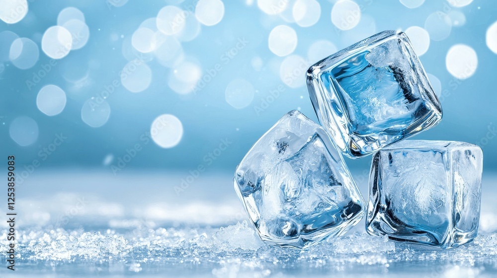 Chilled ice cubes on a sparkling blue background. Chilled ice cubes on a sparkling blue background.