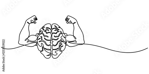 Train Your Brain Concept, Single continuous line drawing of strong muscular human brain lifting barbell logo label. Fresh smart health character logotype icon concept. Modern one line draw graphic pro