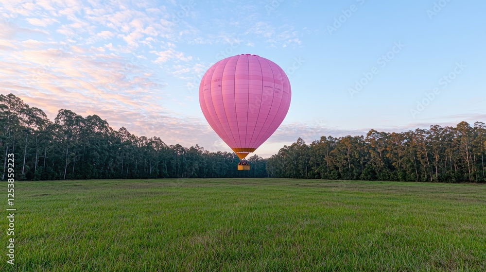 Obraz premium Pink hot air balloon over a grassy field at dawn