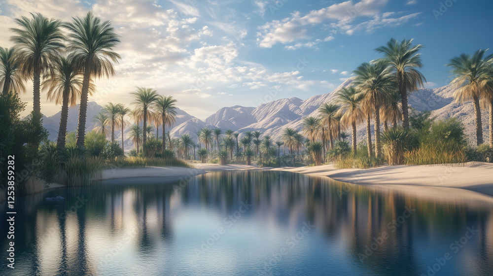 Obraz premium A desert oasis surrounded by palm trees and reflecting water