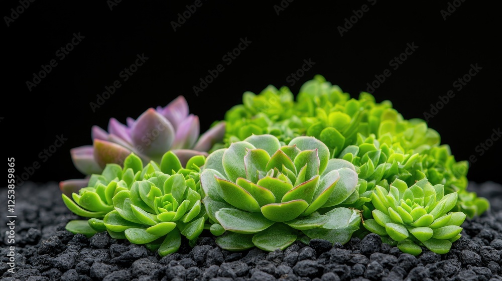 Obraz premium Vibrant green and purple succulent plants arranged in black gravel against a solid dark background.