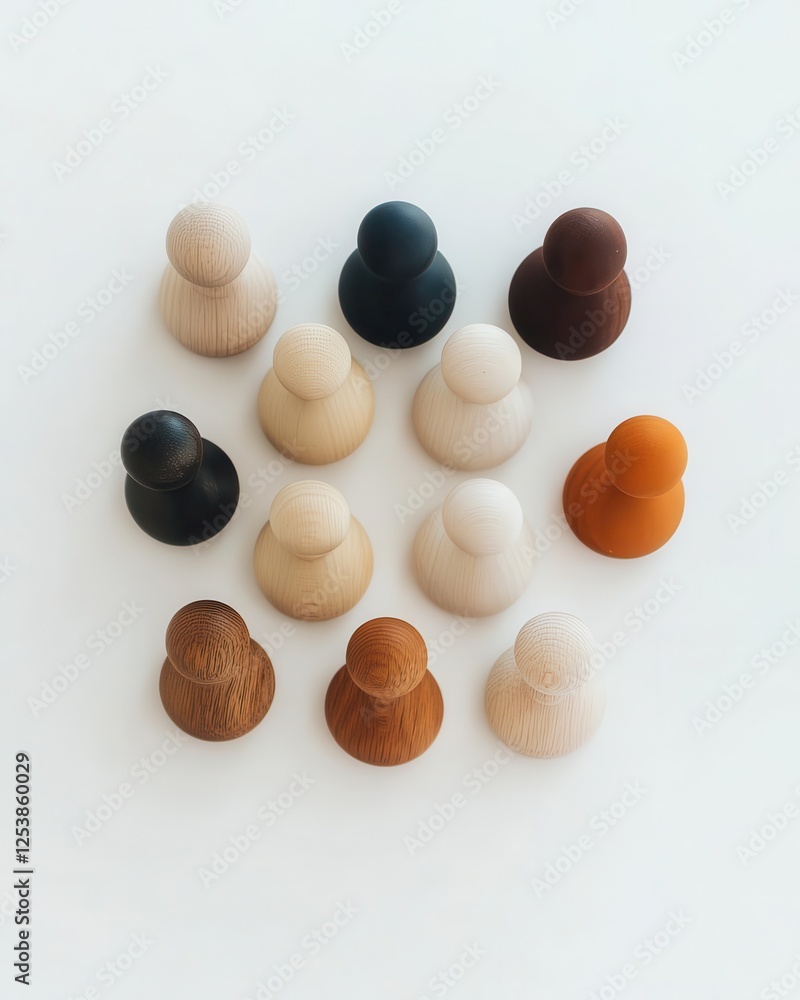Wooden and Colored Figures Standing Together on a White Background, Symbolizing Diversity and Inclusion in the Workplace Wooden and Colored Figures Standing Together on a White Background, Symbolizing Diversity and Inclusion in the Workplace