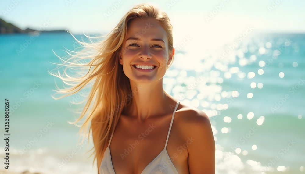 Blonde Woman in Breeze with Sparkling Blue Water Background Blonde Woman in Breeze with Sparkling Blue Water Background