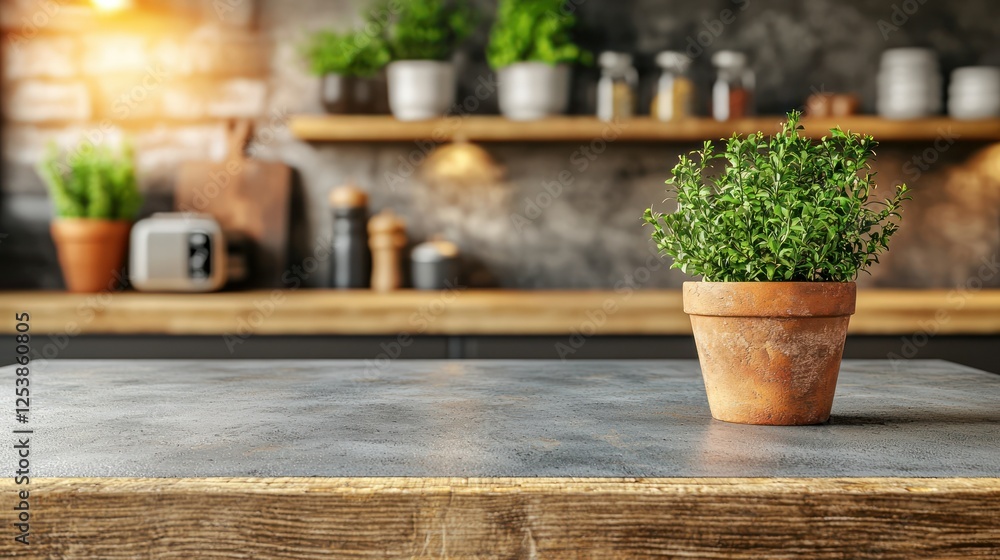 Rustic kitchen counter, herb pot, blurred background, food prep Rustic kitchen counter, herb pot, blurred background, food prep