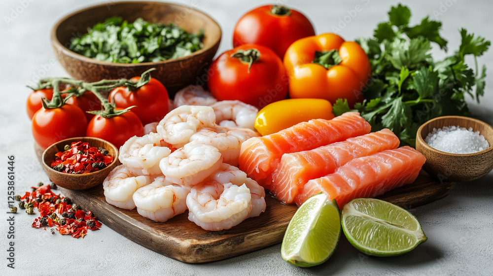 Fresh shrimp, salmon, and vegetables for moqueca preparation Fresh shrimp, salmon, and vegetables for moqueca preparation