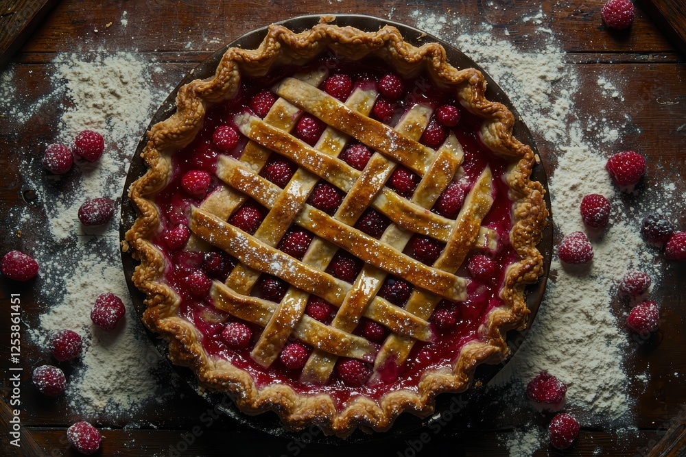 Delicious raspberry pie cozy kitchen food photography rustic setting overhead view culinary artistry