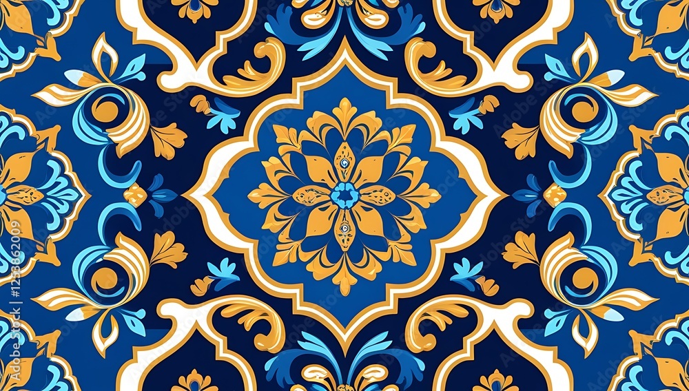 Elegant Blue and Gold Floral Tile Pattern Design Elegant Blue and Gold Floral Tile Pattern Design