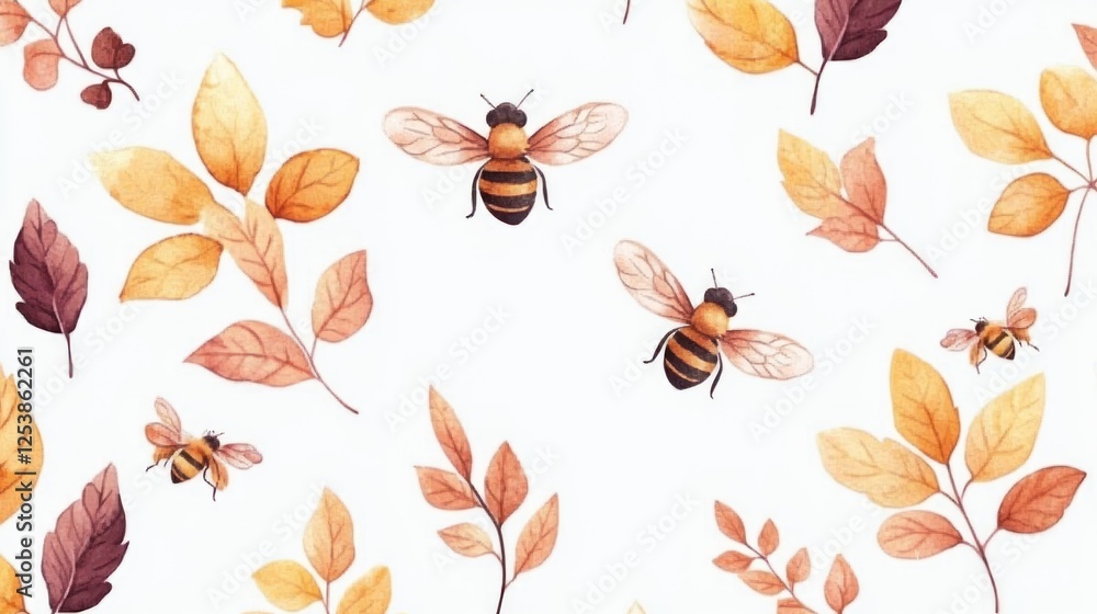 Obraz premium Autumn Bees Watercolor Pattern Leaves, Insects, White Background, Fabric Design