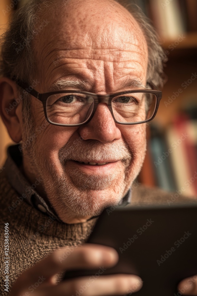 An older man with glasses is smiling while reading an e-book on a tablet. He is seated in a warm library filled with books, showing the positive relationship between seniors and technology. An older man with glasses is smiling while reading an e-book on a tablet. He is seated in a warm library filled with books, showing the positive relationship between seniors and technology.