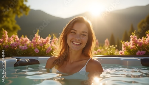 Woman Enjoying Hot Tub in Nature – Peaceful Mountain Retreat
