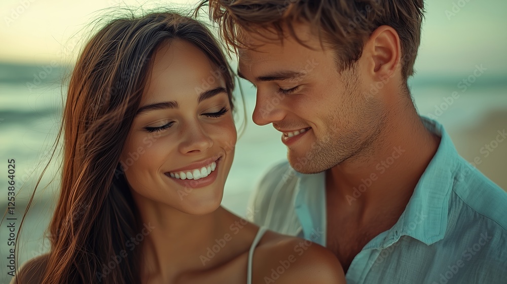 A young couple smiling together on a beach during sunset. A young couple smiling together on a beach during sunset.
