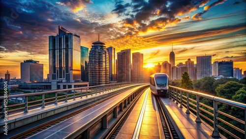 Modern urban transportation: a breathtaking panoramic view from the elevated rail system. photo