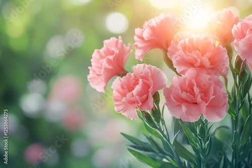 Beautiful pink carnations a garden setting vibrant green leaves bright sunshine