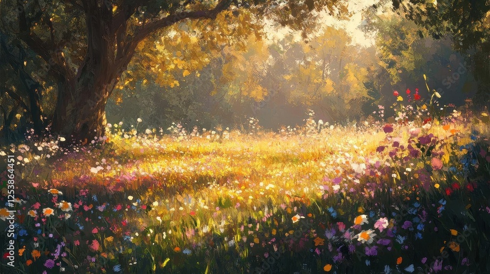 Obraz premium Digital Oil Painting of Lush Blooming Summer Meadow, Impressionist Artwork Perfect for Wallpapers and Prints