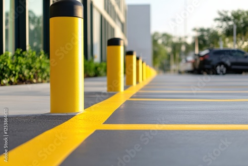 yellow bollards in a parking lot