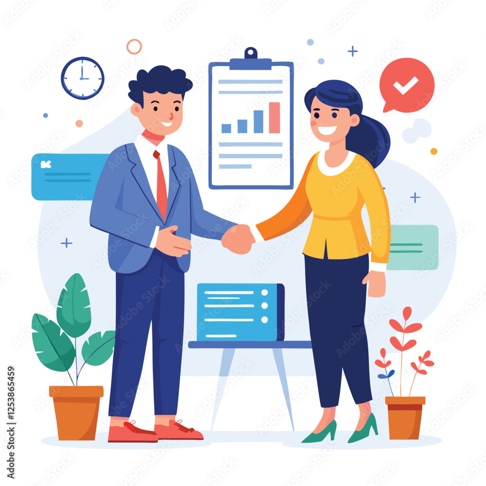 People shaking hands at work - Two businesspeople, man and woman doing handshake in office at work while smiling over business agreement and deal. Flat design stock illustration on white background People shaking hands at work - Two businesspeople, man and woman doing handshake in office at work while smiling over business agreement and deal. Flat design stock illustration on white background