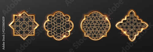 Islam golden frame with pattern isolated on black background. Oriental ornament, traditional Arabian design elements of decor, muslim gold frame.