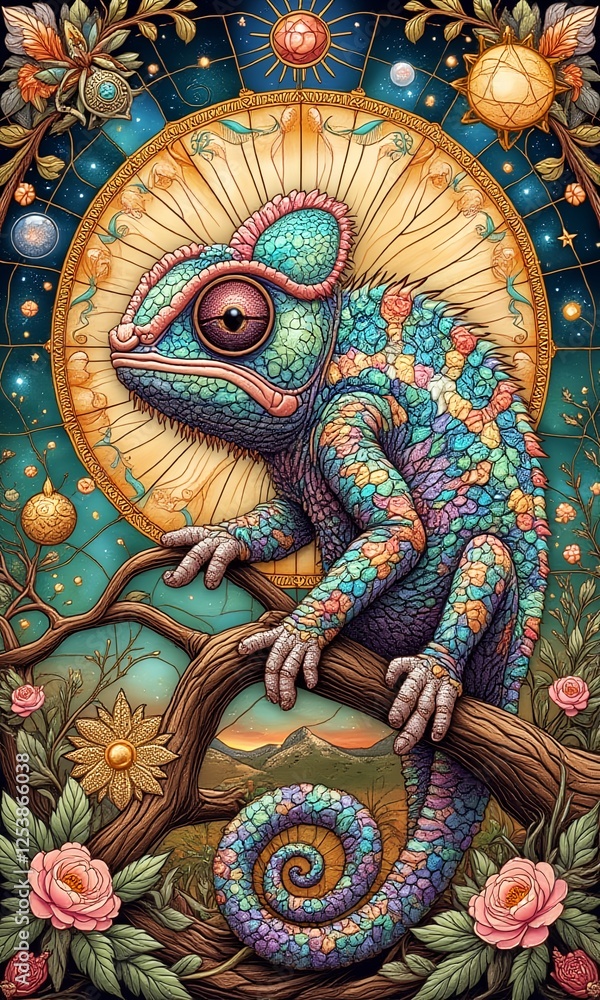 custom made wallpaper toronto digitalContemplative Chameleon Seated Among Mountain Wildflowers with Celestial Compass Creating Serene Alpine Nature Scene