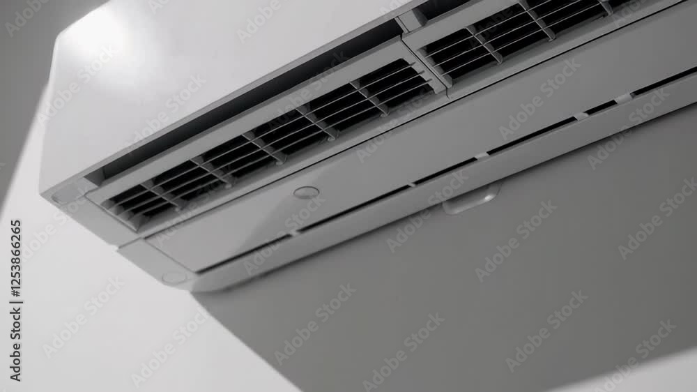 Air conditioner mounted on white wall generating cool airflow, providing refreshing comfort during sweltering summer conditions, delivering optimal indoor climate control with sleek minimal design Air conditioner mounted on white wall generating cool airflow, providing refreshing comfort during sweltering summer conditions, delivering optimal indoor climate control with sleek minimal design