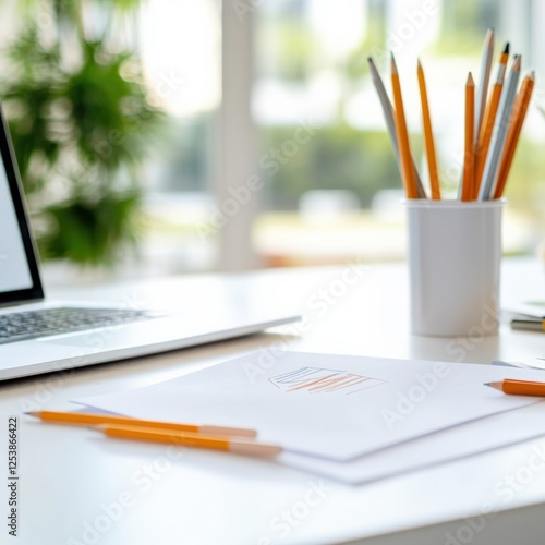 Wallpaper Mural drawing table with pencils and laptop Torontodigital.ca
