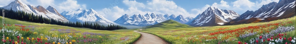 Fototapeta premium Mountain Meadow Path with Blossoms and Snowy Peaks