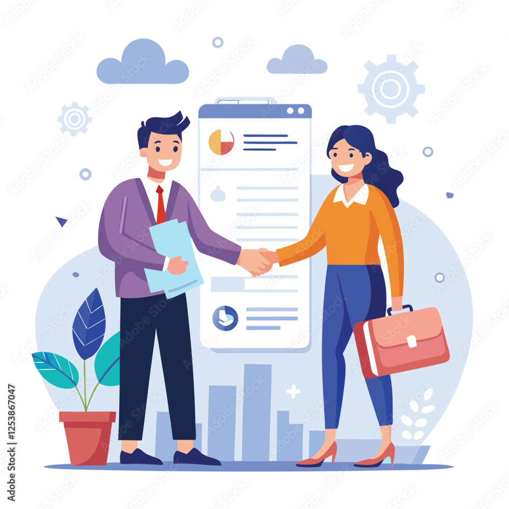 People shaking hands at work - Two businesspeople, man and woman doing handshake in office at work while smiling over business agreement and deal. Flat design stock illustration on white background People shaking hands at work - Two businesspeople, man and woman doing handshake in office at work while smiling over business agreement and deal. Flat design stock illustration on white background