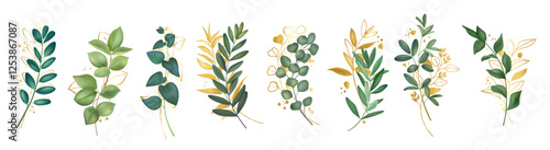 Gold leaves. Green floral watercolour nature elements with golden decor, plant wedding invite with flora foliage. Elegant premium luxury botany. Eucalyptus and olive. Vector background