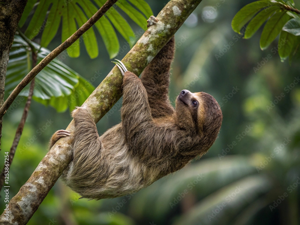 Naklejka premium A sloth hanging from a tree branch in a tropical forest rare species of animals