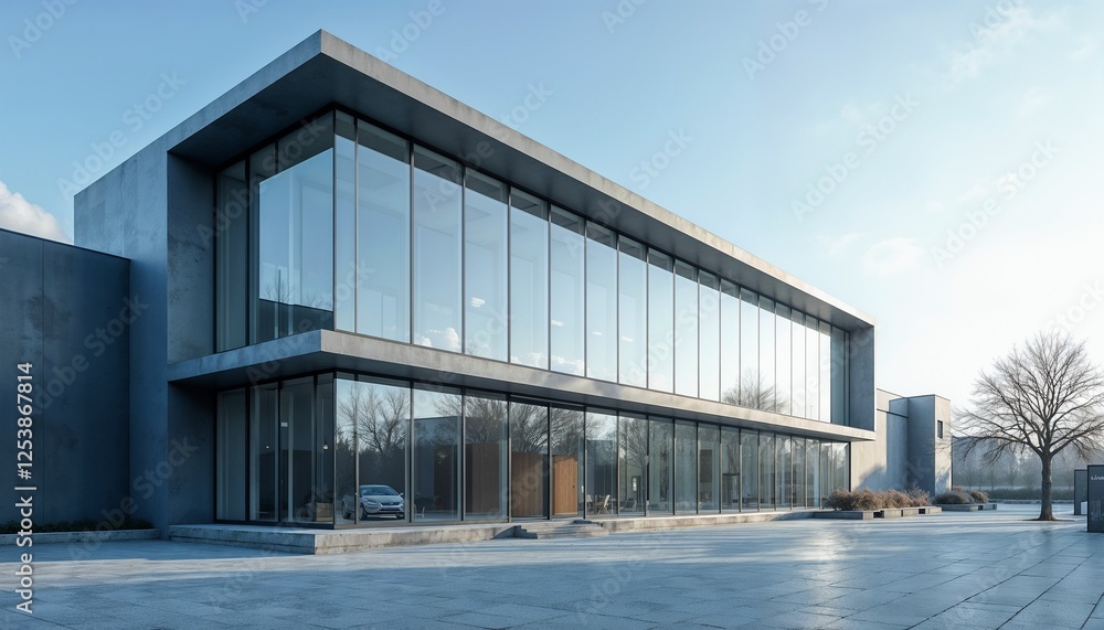 Modern architectural building exterior with large glass windows and clear sky Modern architectural building exterior with large glass windows and clear sky