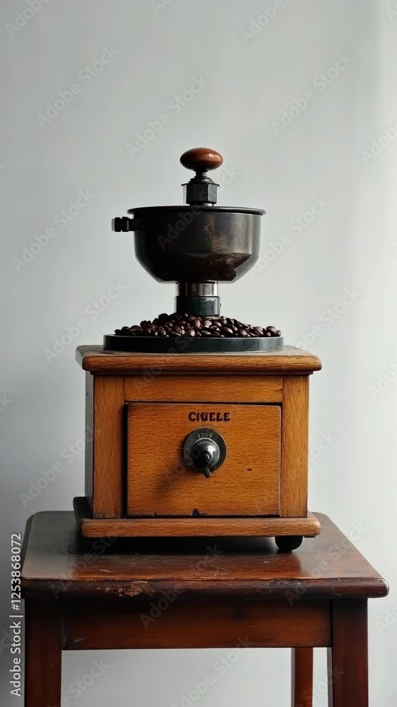 Classic wooden coffee grinder with beans on a table against a neutral backdrop Classic wooden coffee grinder with beans on a table against a neutral backdrop