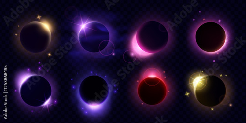 Solar eclipse. Moon light. Planet and sun globe in space. Neon blue and green glow effect. Shine crescent. Sparkle shapes. Galaxy lighting. Bright illumination. Vector cosmic flashes set