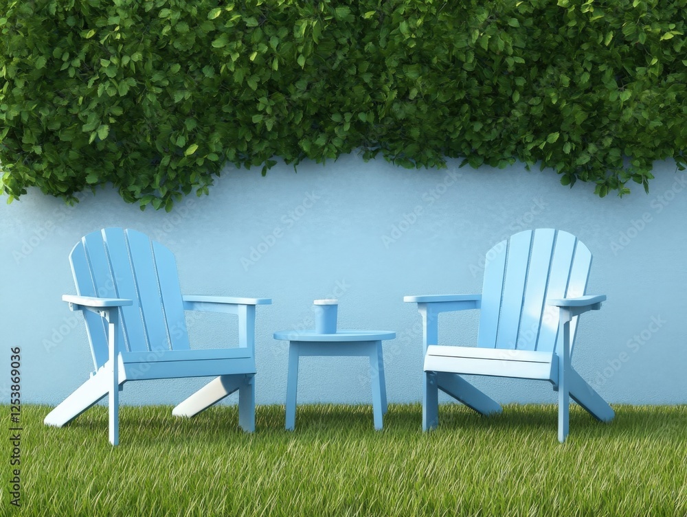 Fototapeta premium two blue chairs on a lawn with greenery backdrop.