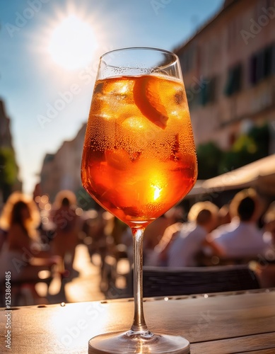 A refreshing Aperol Spritz, adorned with ice and a slice of citrus, rests invitingly on a table as the sun sets over a lively street. Perfect for summer gatherings and relaxed moments