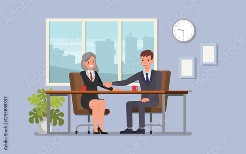 Businessman shaking hands with a client in a meeting room, both smiling character vector illustration design.