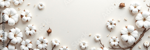 Cotton bolls and branches arranged on a beige background