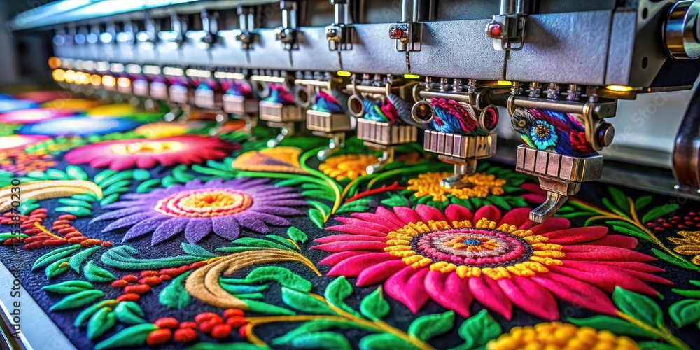 Fototapeta premium Professional panoramic image showcasing an embroidery machine and intricately designed floral fabrics.