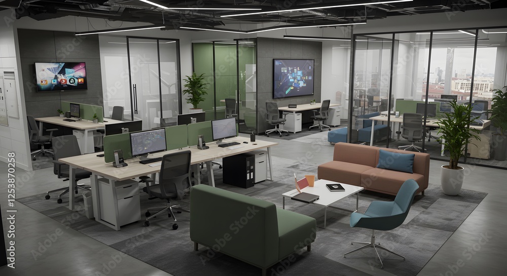 Modern Office Interior with Open Workspace and Comfortable Lounge Area Modern Office Interior with Open Workspace and Comfortable Lounge Area