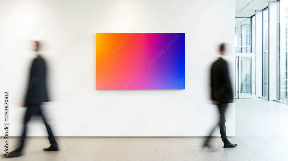 Vibrant gradient artwork displayed in modern gallery with people walking