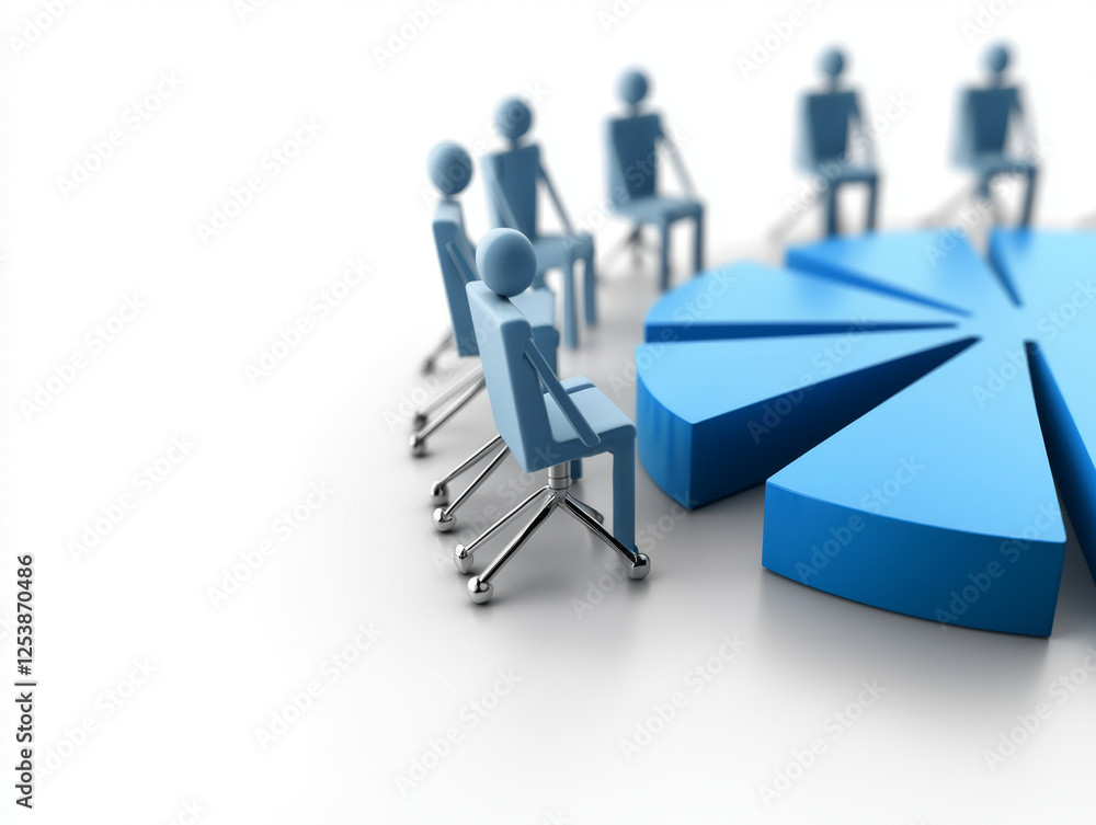 Business meeting with pie chart analysis and blue figures seated Business meeting with pie chart analysis and blue figures seated