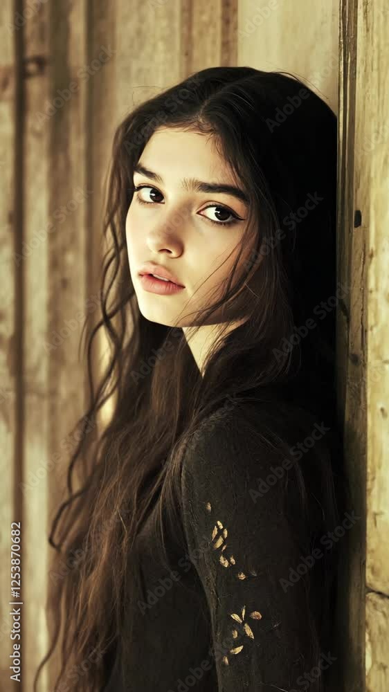 Model posing against a rustic wooden wall in soft lighting, showcasing natural beauty and long hair during an indoor photoshoot Model posing against a rustic wooden wall in soft lighting, showcasing natural beauty and long hair during an indoor photoshoot