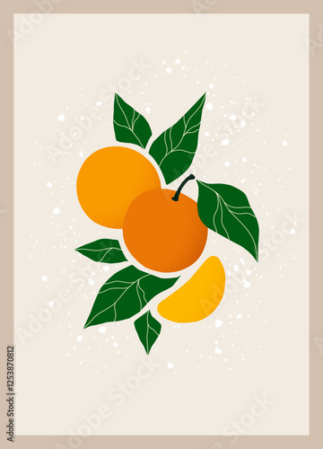 Orange citrus poster. Minimal isolated fresh fruit card design. Tangerine and green leaves, botanical summer print. Exotic tropical abstract food. Vector cartoon flat illustration