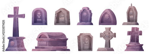 Grave tombstone. Cemetery gravestone. Gothic graveyard. Spooky obelisk. RIP headstone. Celtic cross, tomb and epitaph. Granite mausoleum. Halloween horror. Vector funeral monuments set